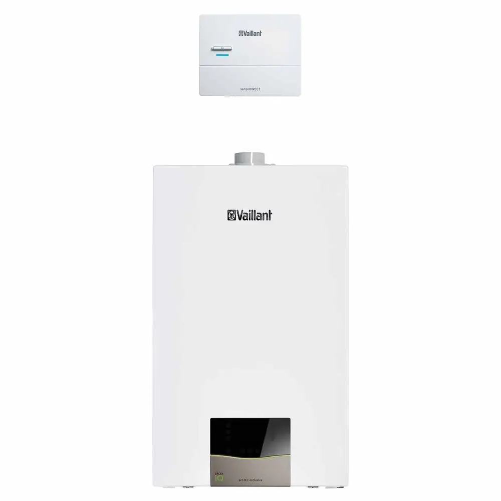 Weißer Vaillant Heizkessel mit digitalem Display und Steuerungseinheit, oben angeschnitten, auf neutralem Hintergrund.